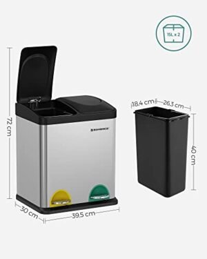 Songmics Roskakori 30 litran jätteenkäsittelyjärjestelmä 2 x 15L roskakorit sisäkorilla värikoodatut polkimet keittiöön Olohuone hopea & musta LTB30L - Image 5