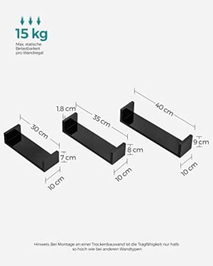 Songmics-setti, jossa on 3 modernia seinähyllyä, kelluvat säilytyshyllyt korkeakiiltoisella viimeistelyllä ja näkymätön kiinnike, musta LWS40BK - Image 5