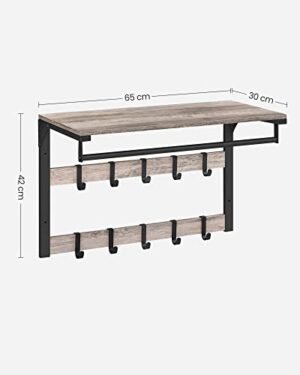 Vasagle Seinään kiinnitettävä naulakko hyllyllä, seinähylly 10 irrotettavalla koukulla, ripustushylly, seinään kiinnitettävä, 2 vaateripustinta, vaatetanko, eteiseen, makuuhuoneeseen, kylpyhuoneeseen, harmaa musta LCR101B02 - Image 6