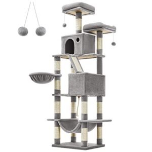 Feandrea Cat Tree, 206 cm iso kissatorni, jossa 13 raapimispylvästä, 1 raapimisramppi, 2 ahventa, 2 luolaa, kori, riippumatto, pommit, monitasoinen pehmokissahuoneisto sisäkissoille, vaaleanharmaa