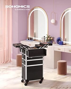 Songmics Professional -meikkikotelo, 4-in-1 Travel Beauty -kärry, iso kosmetiikkakärry kampaajille, lukittava rullaava meikkikotelo 360 asteen yleiskoodeilla, musta JHZ11BK - Image 2