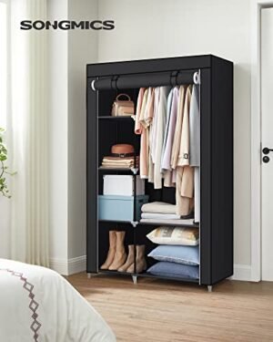 Songmics-kangasvaatekaappi, vaatesäilytys, 6 hyllyä, 1 ripustuskisko, kuitukangas, metallirunko, 45 x 105 x 168 cm, makuuhuoneeseen, pukuhuoneeseen, musta RYG085B02 - Image 2