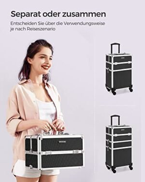 Songmics Professional -meikkikotelo, 4-in-1 Travel Beauty -kärry, iso kosmetiikkakärry kampaajille, lukittava rullaava meikkikotelo 360 asteen yleiskoodeilla, musta JHZ11BK - Image 5