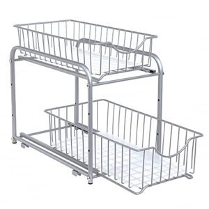 Songmics Kitchen Organiser, 2 ulosvedettävää laatikkoa kaappeihin, Pinottava lukitusjärjestelmä, keittiöön, kylpyhuone, hopea KCS017E01