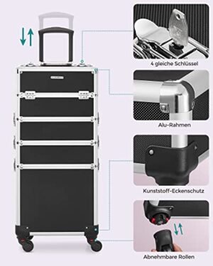 Songmics Professional -meikkikotelo, 4-in-1 Travel Beauty -kärry, iso kosmetiikkakärry kampaajille, lukittava rullaava meikkikotelo 360 asteen yleiskoodeilla, musta JHZ11BK - Image 4