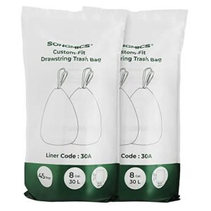 Songmics DrawString roskapussit, 30 litran roskakorit, koodi 30A, mukautettu istuvuus, 2 rullaa, 90 kpl, valkoinen KRB30A02