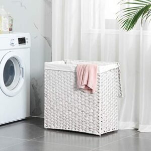 Songmics käsinkudottu pyykki, 110 litran synteettinen rottinki, jaettu vaatepäällinen kannella ja kahvalla, kokoontaitettava irrotettava vuorauspussi, valkoinen LCB52WT - Image 3