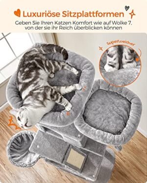 Feandrea Cat Tree, 206 cm iso kissatorni, jossa 13 raapimispylvästä, 1 raapimisramppi, 2 ahventa, 2 luolaa, kori, riippumatto, pommit, monitasoinen pehmokissahuoneisto sisäkissoille, vaaleanharmaa - Image 3