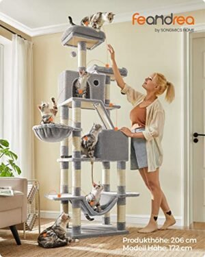 Feandrea Cat Tree, 206 cm iso kissatorni, jossa 13 raapimispylvästä, 1 raapimisramppi, 2 ahventa, 2 luolaa, kori, riippumatto, pommit, monitasoinen pehmokissahuoneisto sisäkissoille, vaaleanharmaa - Image 2