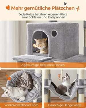 Feandrea Cat Tree, 206 cm iso kissatorni, jossa 13 raapimispylvästä, 1 raapimisramppi, 2 ahventa, 2 luolaa, kori, riippumatto, pommit, monitasoinen pehmokissahuoneisto sisäkissoille, vaaleanharmaa - Image 4