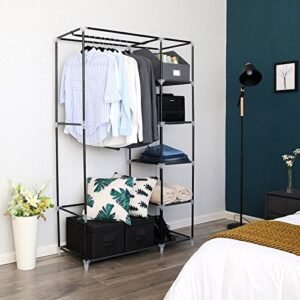 Kannettava Songmics-vaatekaappi, Taitettava vaatekaappi, Vaatteiden säilytysjärjestelmä ripustuskiskolla, hyllyt, kangaspäällinen, makuuhuoneeseen, vaatekaappi, 110x45x175cm, harmaa LSF007G - Image 2