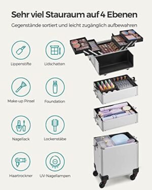 Songmics-kosmetiikkakotelo, vaunukotelo, 4-in-1-meikkikotelo, matkameikkikotelo, iso kampaamokotelo, lukittava, 360° pyörivä yleispyörä, hopea - Image 3