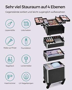 Songmics Professional -meikkikotelo, 4-in-1 Travel Beauty -kärry, iso kosmetiikkakärry kampaajille, lukittava rullaava meikkikotelo 360 asteen yleiskoodeilla, musta JHZ11BK - Image 3