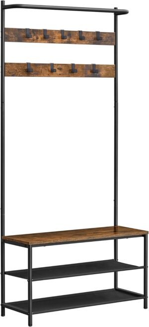 VASAGLE-naulakko kenkäsäilöllä, eteinen, takkiteline ja kenkäpenkki eteiseen, 9 liikuteltavaa koukkua, ylätanko, 32,2 x 84 x 180 cm, makuuhuone, teollisuus, maalaismainen ruskea ja musta HSR421B01