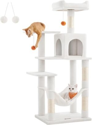 Feandrea Cat Tree, 143 cm kissatorni sisäkissoille, monitasoinen pehmoinen kissatalohuoneisto, jossa 4 raapimistolppaa, 2 ahventa, luola, riippumatto, pommit, kermanvalkoinen PCT161T01