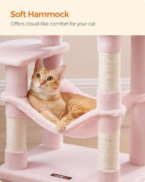 Feandrea Cat Tree, 112 cm kissatorni sisäkissoille, monitasoinen pehmoinen kissan asunto 4 raapimistolppaa, 2 ahventa, luola, riippumatto, pommit, hyytelönpunainen PCT261P01 - Image 4