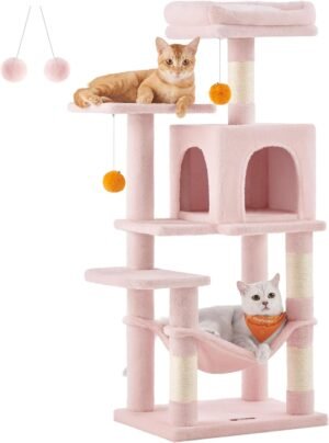Feandrea Cat Tree, 112 cm kissatorni sisäkissoille, monitasoinen pehmoinen kissan asunto 4 raapimistolppaa, 2 ahventa, luola, riippumatto, pommit, hyytelönpunainen PCT261P01