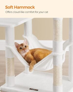 Feandrea Cat Tree, 143 cm kissatorni sisäkissoille, monitasoinen pehmoinen kissatalohuoneisto, jossa 4 raapimistolppaa, 2 ahventa, luola, riippumatto, pommit, kermanvalkoinen PCT161T01 - Image 4
