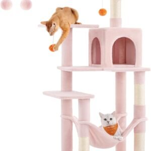Feandrea Cat Tree, 56,3 tuuman kissatorni sisäkissoille, monitasoinen kissan asunto 4 raapimistolppaa, 2 ahventa, riippumatto, luola, hyytelönpunainen UPCT161P01