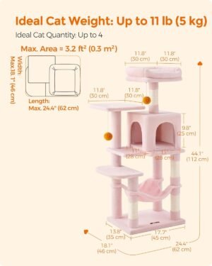 Feandrea Cat Tree, 112 cm kissatorni sisäkissoille, monitasoinen pehmoinen kissan asunto 4 raapimistolppaa, 2 ahventa, luola, riippumatto, pommit, hyytelönpunainen PCT261P01 - Image 6