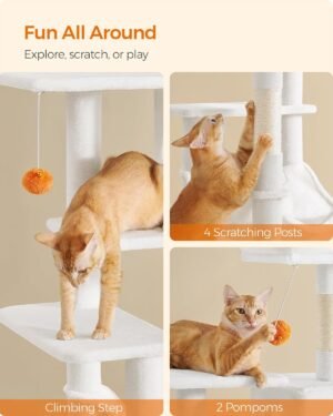 Feandrea Cat Tree, 143 cm kissatorni sisäkissoille, monitasoinen pehmoinen kissatalohuoneisto, jossa 4 raapimistolppaa, 2 ahventa, luola, riippumatto, pommit, kermanvalkoinen PCT161T01 - Image 5