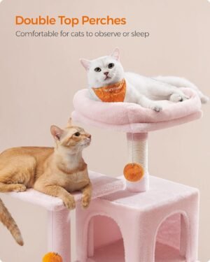 Feandrea Cat Tree, 112 cm kissatorni sisäkissoille, monitasoinen pehmoinen kissan asunto 4 raapimistolppaa, 2 ahventa, luola, riippumatto, pommit, hyytelönpunainen PCT261P01 - Image 3