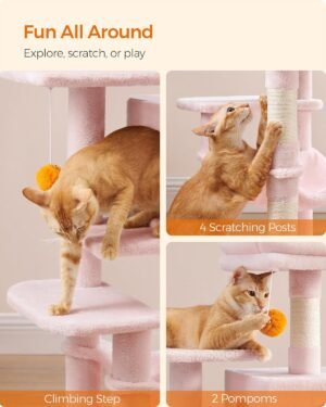 Feandrea Cat Tree, 112 cm kissatorni sisäkissoille, monitasoinen pehmoinen kissan asunto 4 raapimistolppaa, 2 ahventa, luola, riippumatto, pommit, hyytelönpunainen PCT261P01 - Image 5