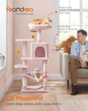 Feandrea Cat Tree, 112 cm kissatorni sisäkissoille, monitasoinen pehmoinen kissan asunto 4 raapimistolppaa, 2 ahventa, luola, riippumatto, pommit, hyytelönpunainen PCT261P01 - Image 2