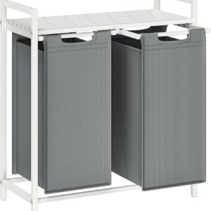 VASAGLE Pyykkikori, 2 lokeroa, Pyykkikori hyllyllä, Pyykkikori, Oxford-kankainen pyykkipussi, Jatkettava, Irrotettava, Metallikehys, 2 x 46 L, 73 x 33 x 72 cm, Valkoinen/Vaaleanharmaa, BLH201W11