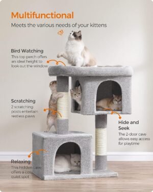 Feandrea Cat Tree, 101 cm kissatorni, XL, Cat Condo erittäin suurille kissoille enintään 20 kg, iso kissa-ahven, 2 kissaluolaa, raapimistolppa, vaaleanharmaa PCT614W01 - Image 4