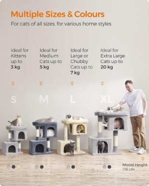 Feandrea Cat Tree, 101 cm kissatorni, XL, Cat Condo erittäin suurille kissoille enintään 20 kg, iso kissa-ahven, 2 kissaluolaa, raapimistolppa, vaaleanharmaa PCT614W01 - Image 7