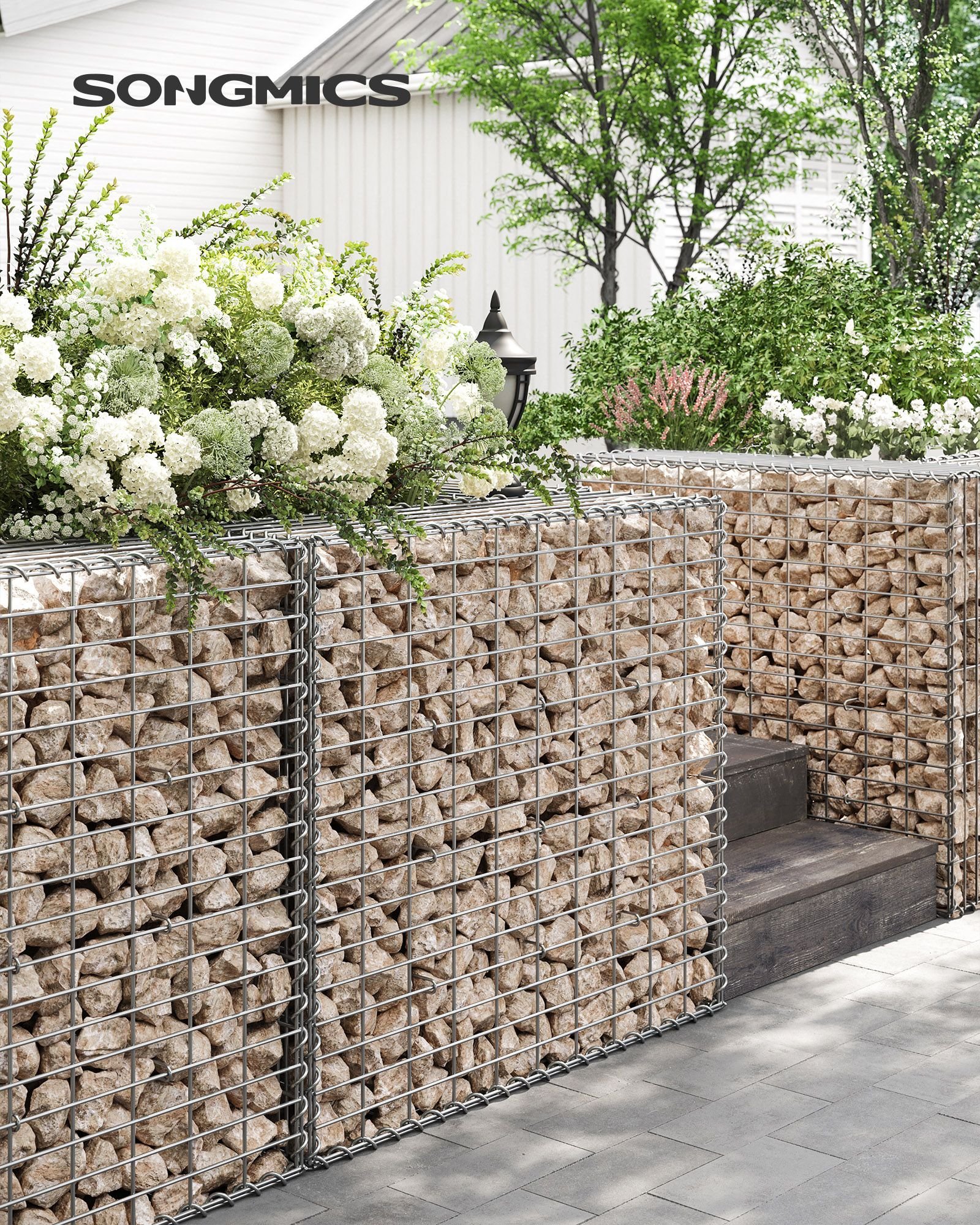 Gabion-kori, sinkitty, puutarhan sisustusseinä, 100 x 90 x 30 cm, hopea - Image 2