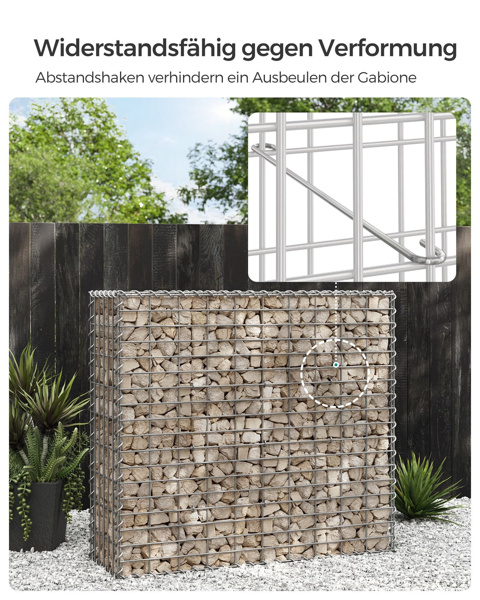 Gabion-kori, sinkitty, puutarhan sisustusseinä, 100 x 90 x 30 cm, hopea - Image 4