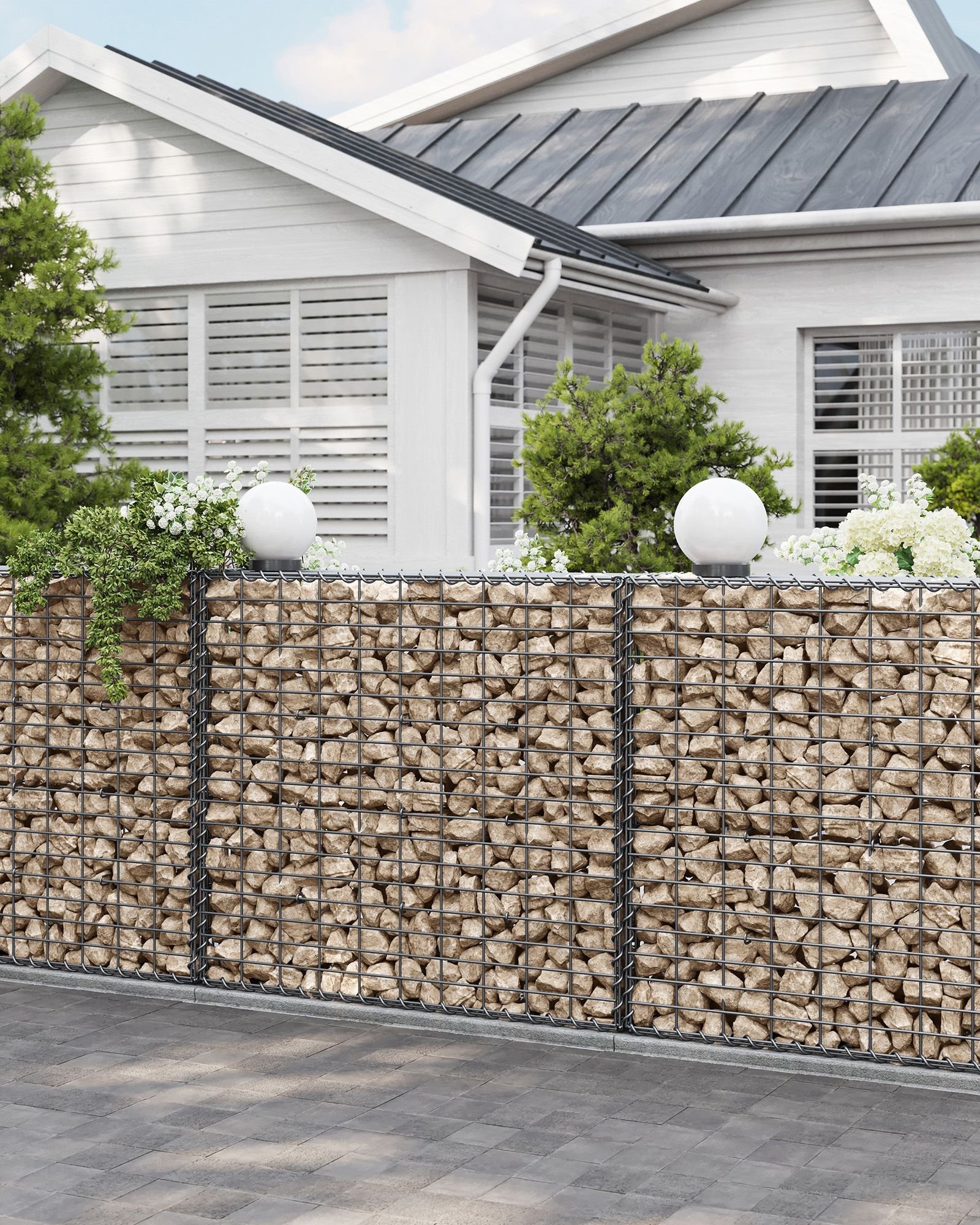Gabion-kori, sinkitty, puutarhan sisustusseinä, 100 x 90 x 30 cm, hopea - Image 7