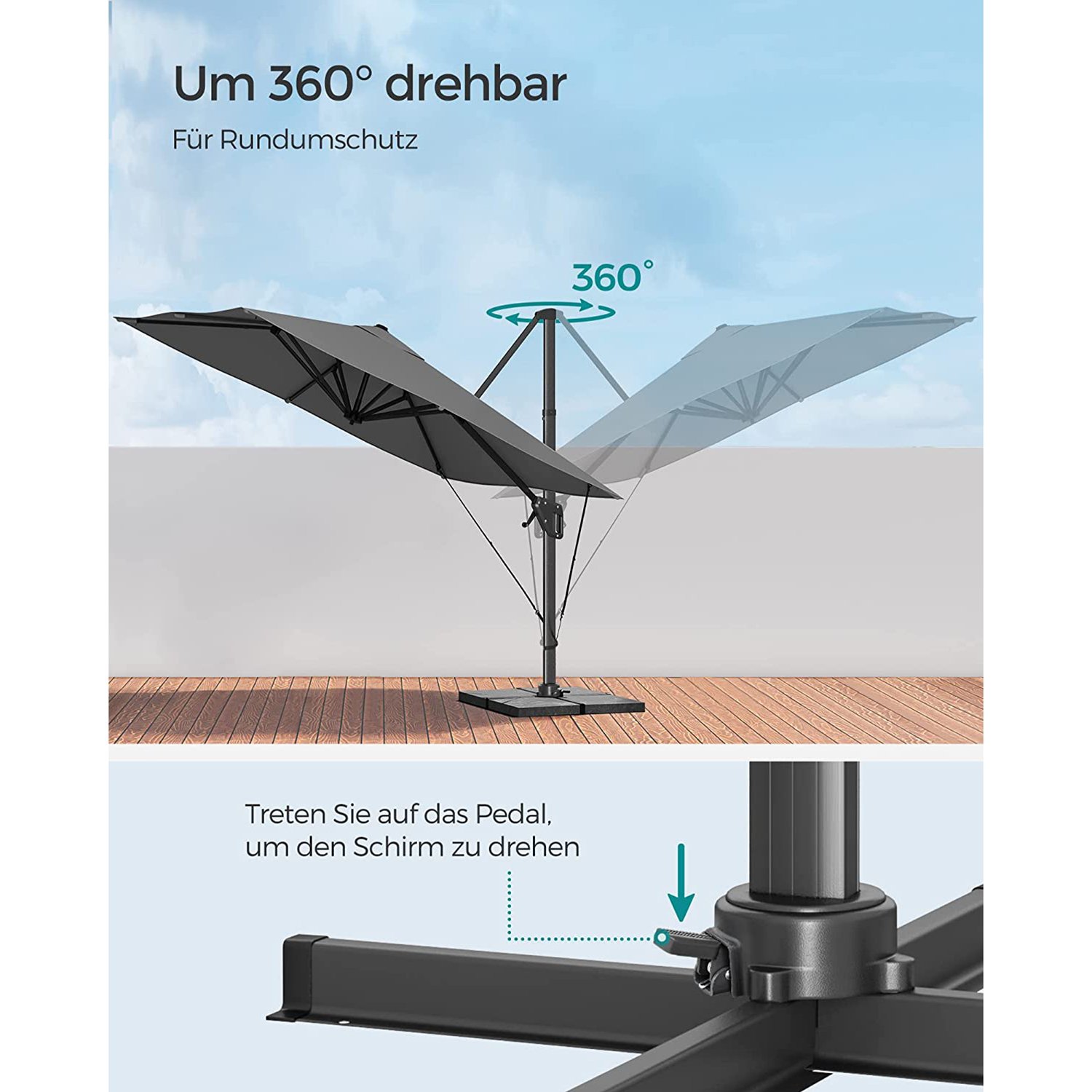 puutarhaterassin ulokevarjo 3 x 3 m, neliönmuotoinen banaaninmuotoinen riippuva - Image 3