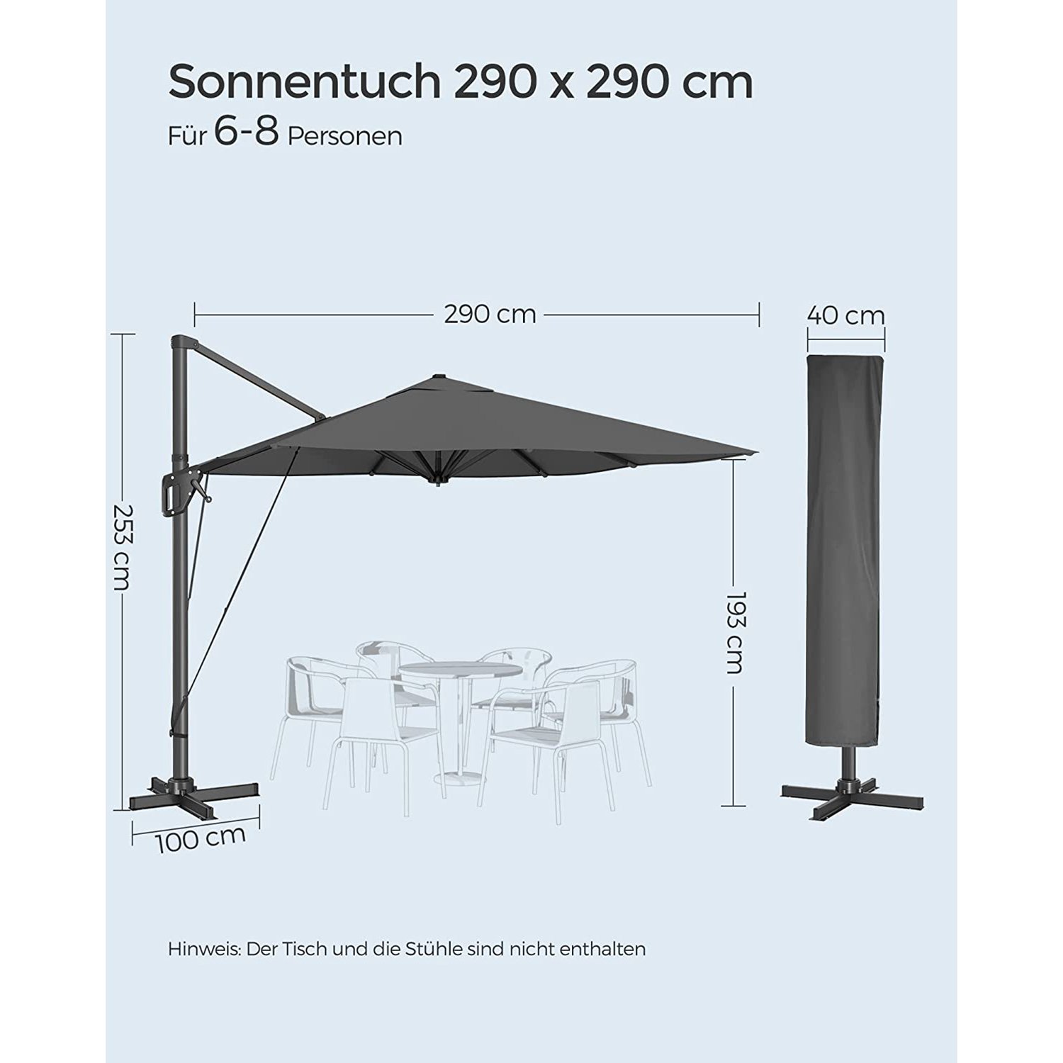 puutarhaterassin ulokevarjo 3 x 3 m, neliönmuotoinen banaaninmuotoinen riippuva - Image 7
