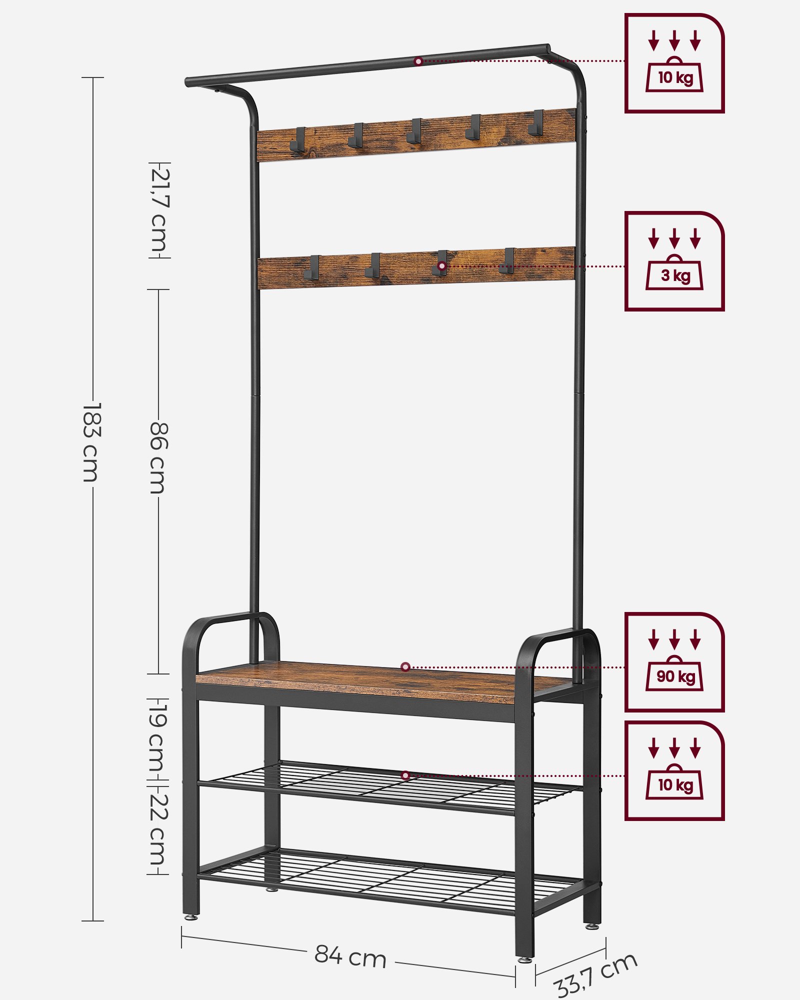 Kenkäteline 9 koukkua teollinen tyyli musta 33,7 x 84 x 183 cm - Image 6