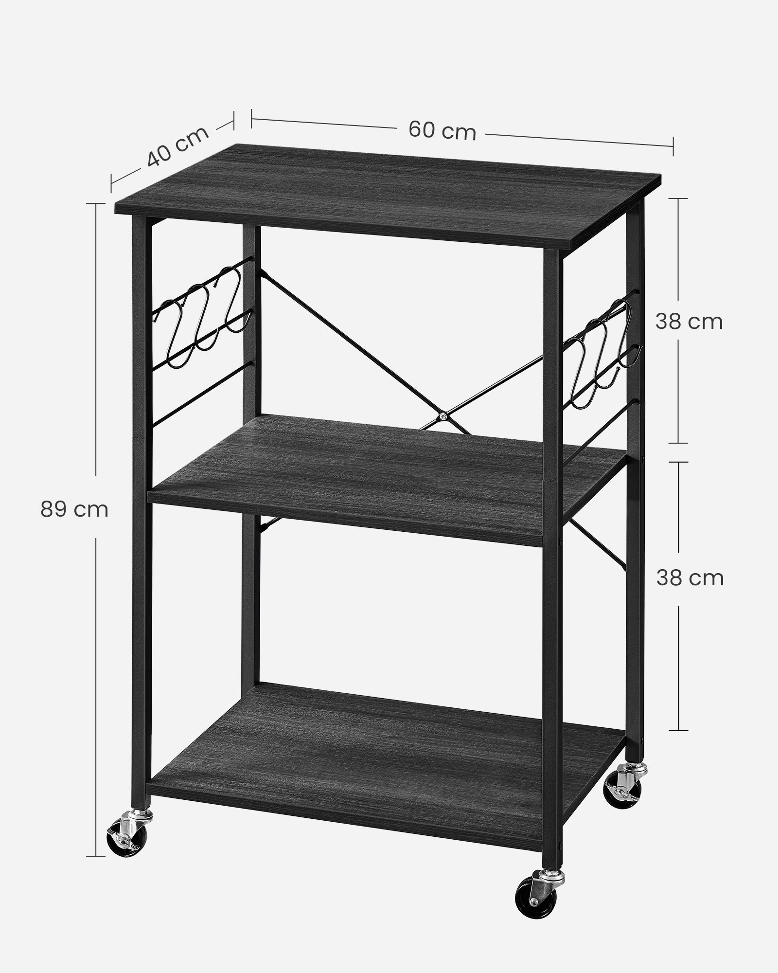 Keittiövaunu 3 hyllyä 6 koukkua pyörillä teollinen tyyli puu musta - Image 6