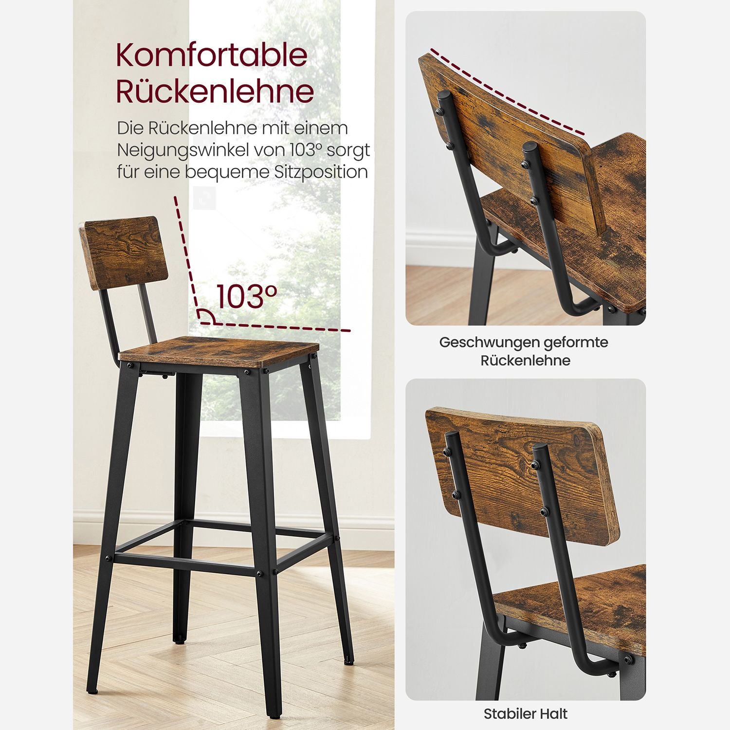 2 baarijakkaran setti, keittiön tuolit selkänojalla, teräsrunko, helppo koota - Image 6