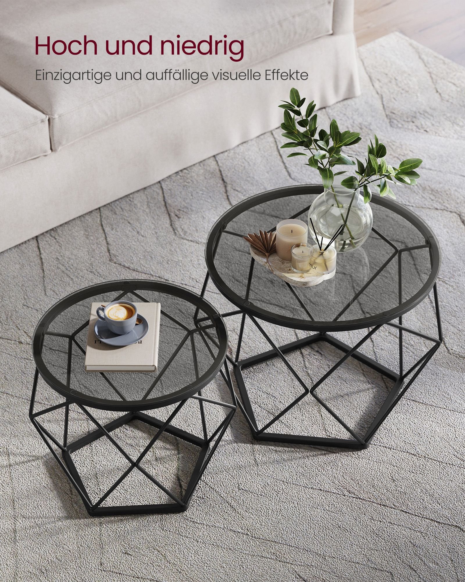 Pyöreät sohvapöydät, 2 sivupöydän setti, moderni tyyli, irrotettava pöytälevy - Image 4