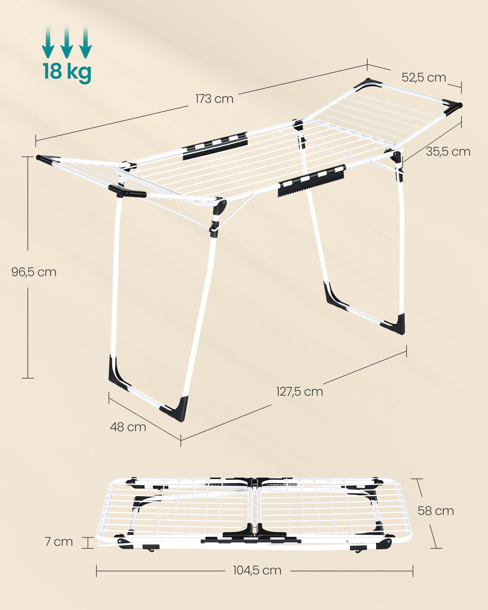 Pyykinkuivain, 56,5 x 173 x 96,5 cm, Pyykinkuivain, Tilaa säästävä - Image 5