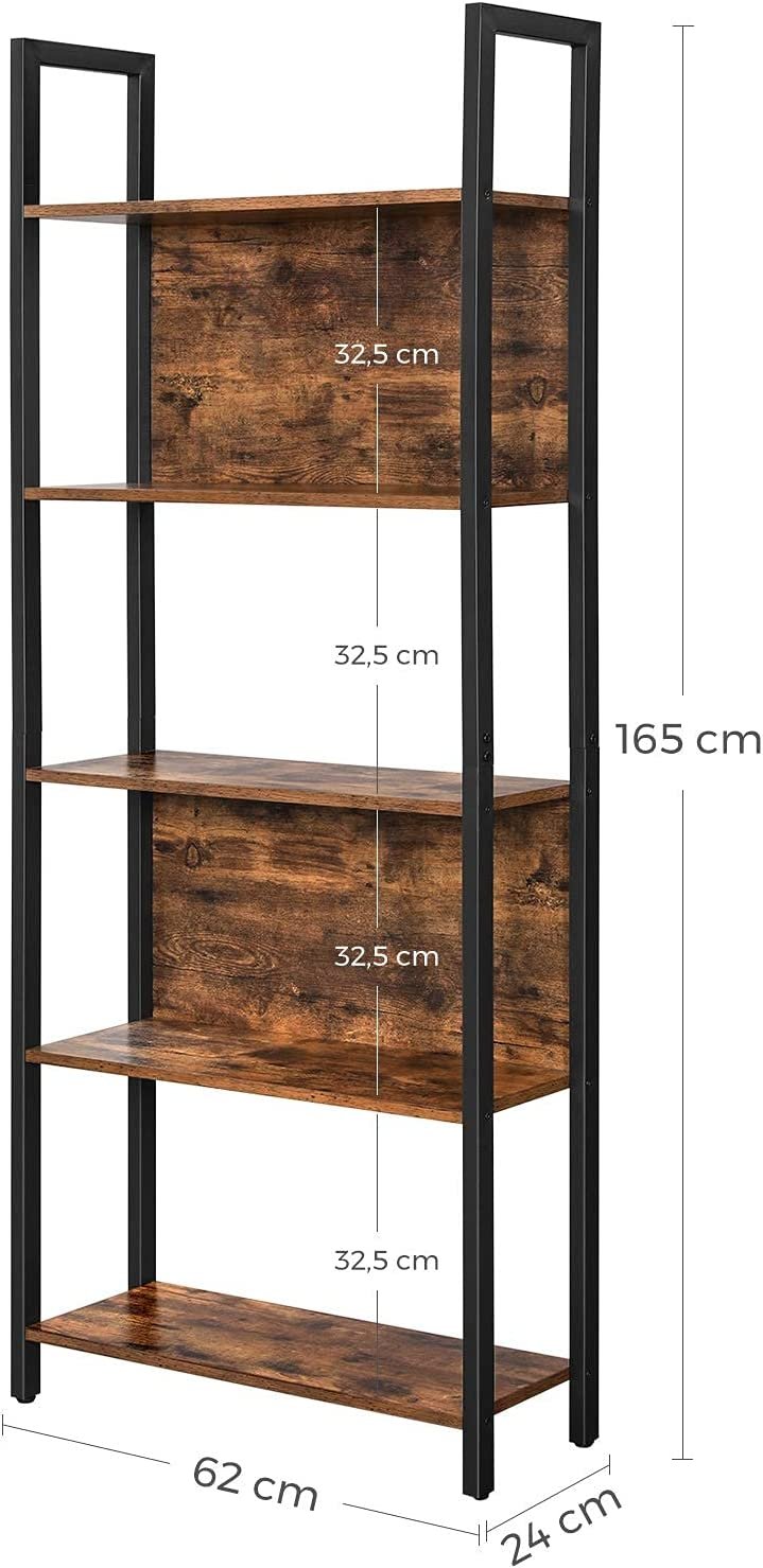Kirjahylly 5 hyllyä rustikki teräs musta – olohuone / keittiö - Image 5