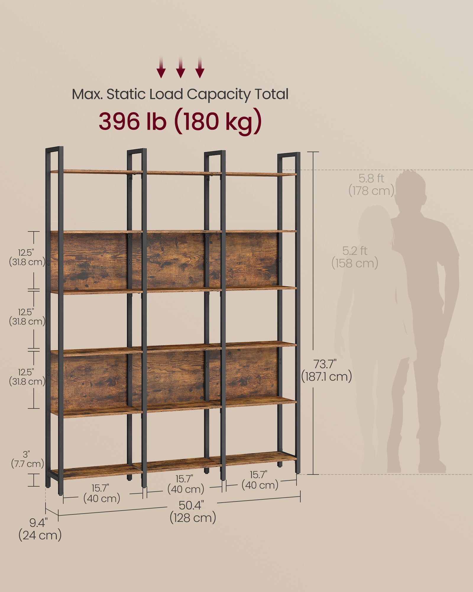 Kirjahylly 6-tasoinen teollinen tyyli teräs musta – makuuhuone / olohuone - Image 6