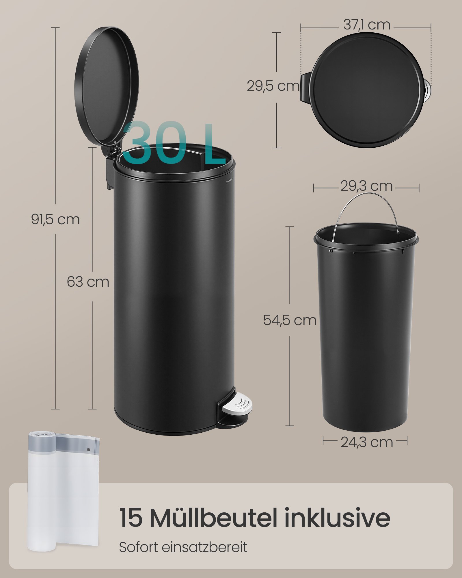 30L pyöreä roskakori 15 roskapussilla, irrotettava muoviämpäri, kahva - Image 6