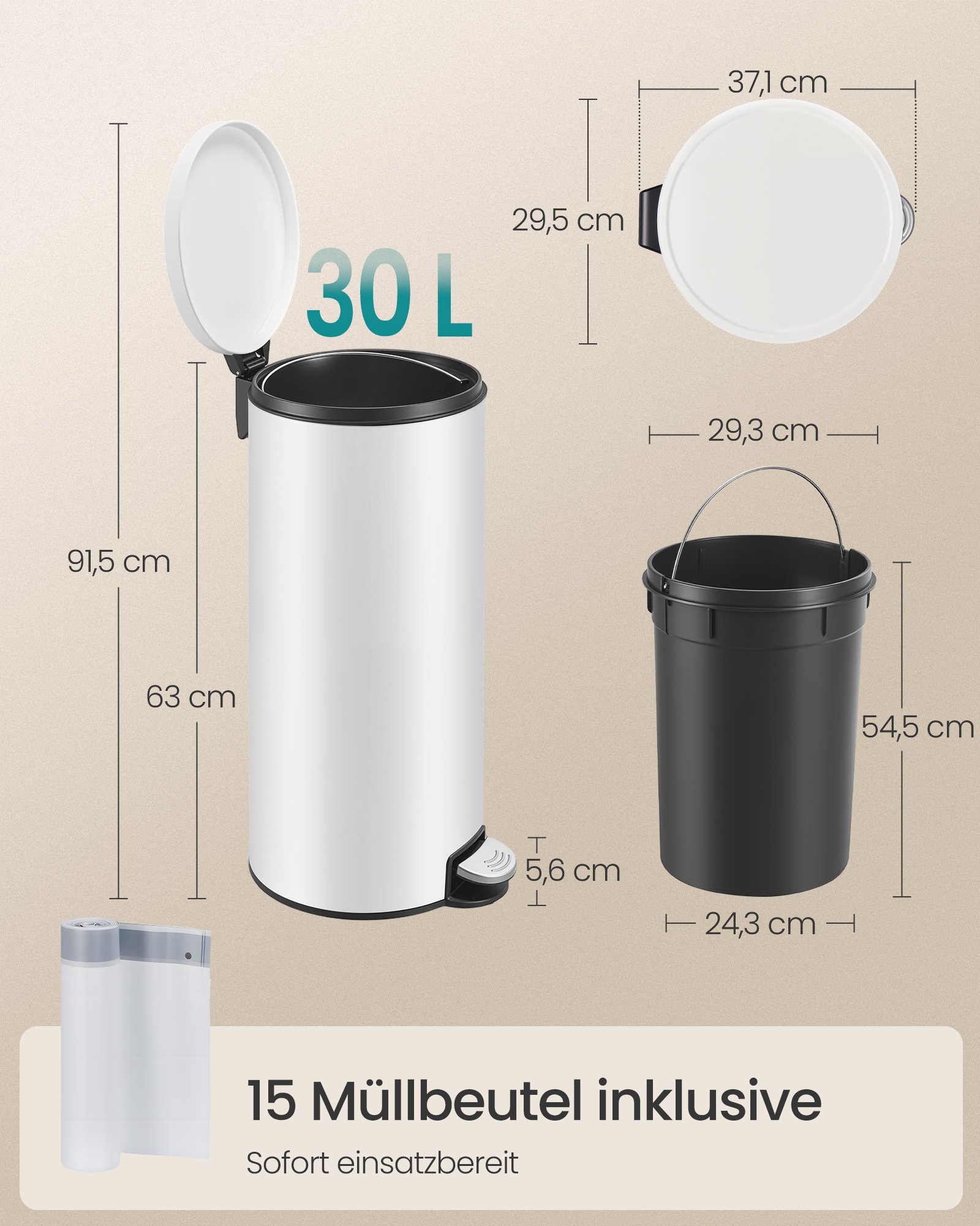 30L pyöreä roskakori 15 roskapussilla, irrotettava muoviämpäri, kahva - Image 6