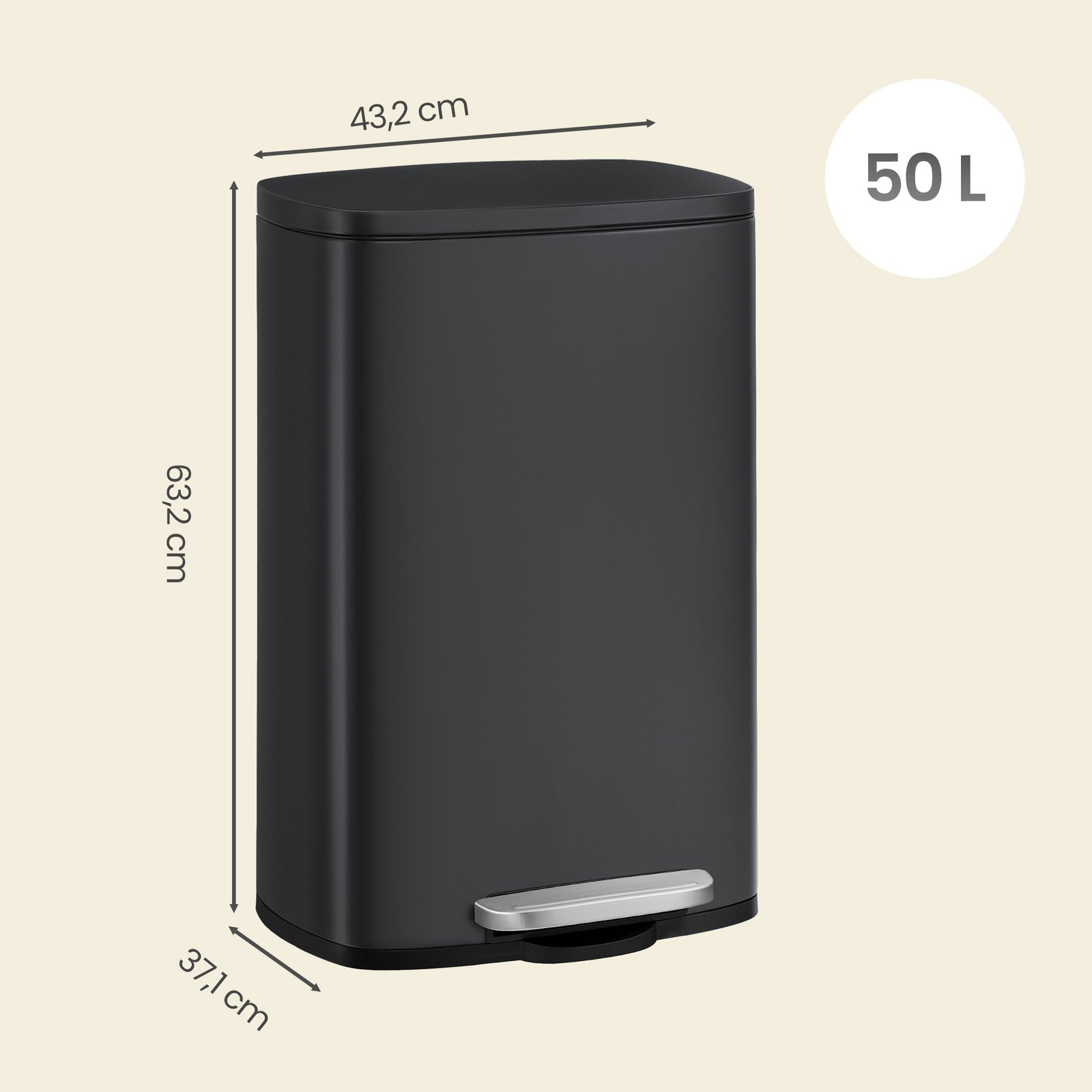 50 litran keittiön roskakori, pehmeästi sulkeutuva, poljin, teräs, sisäsäiliö - Image 3