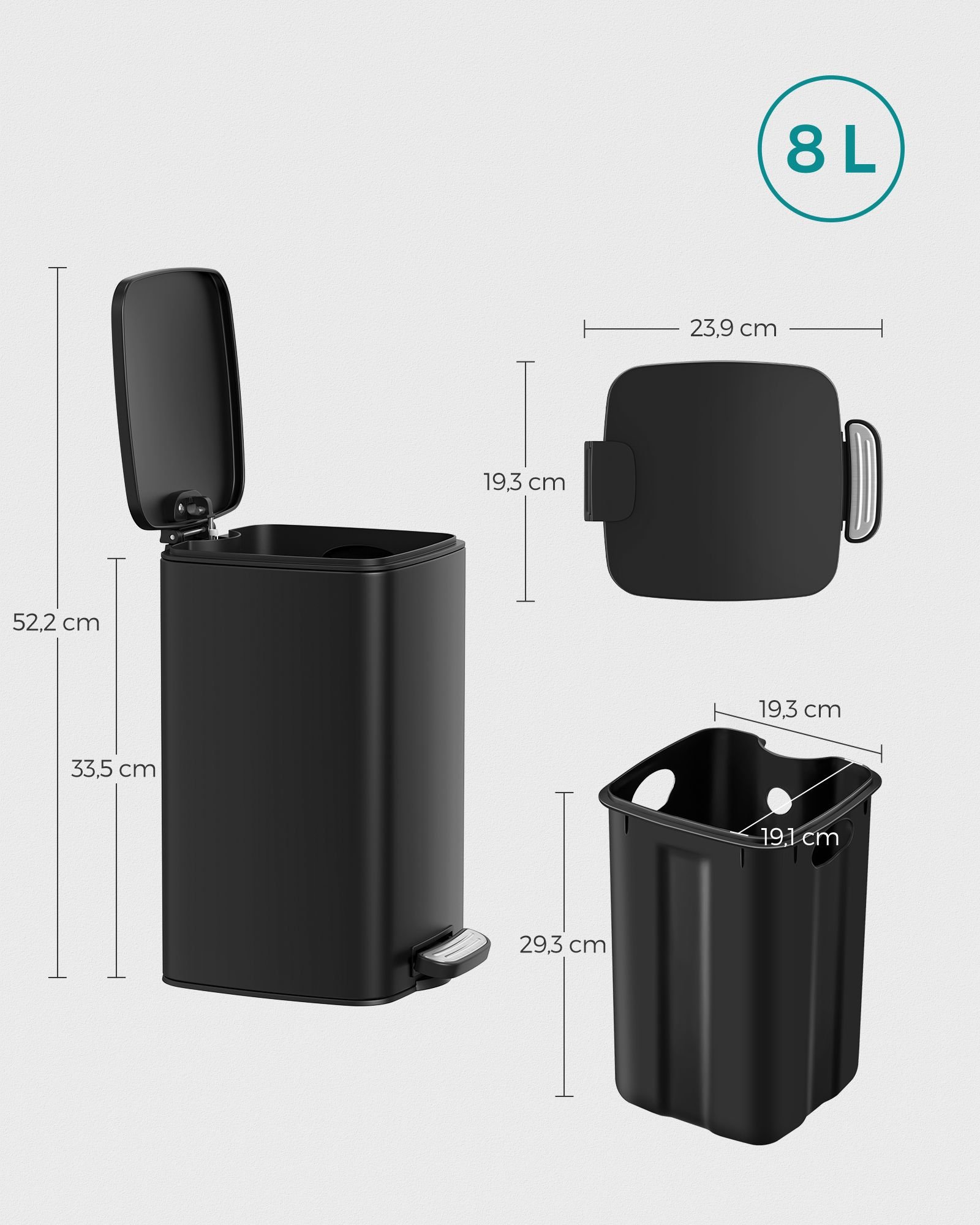 Kylpyhuoneen roskakori kannella, 8L, pieniin tiloihin, pehmeästi sulkeutuva - Image 6