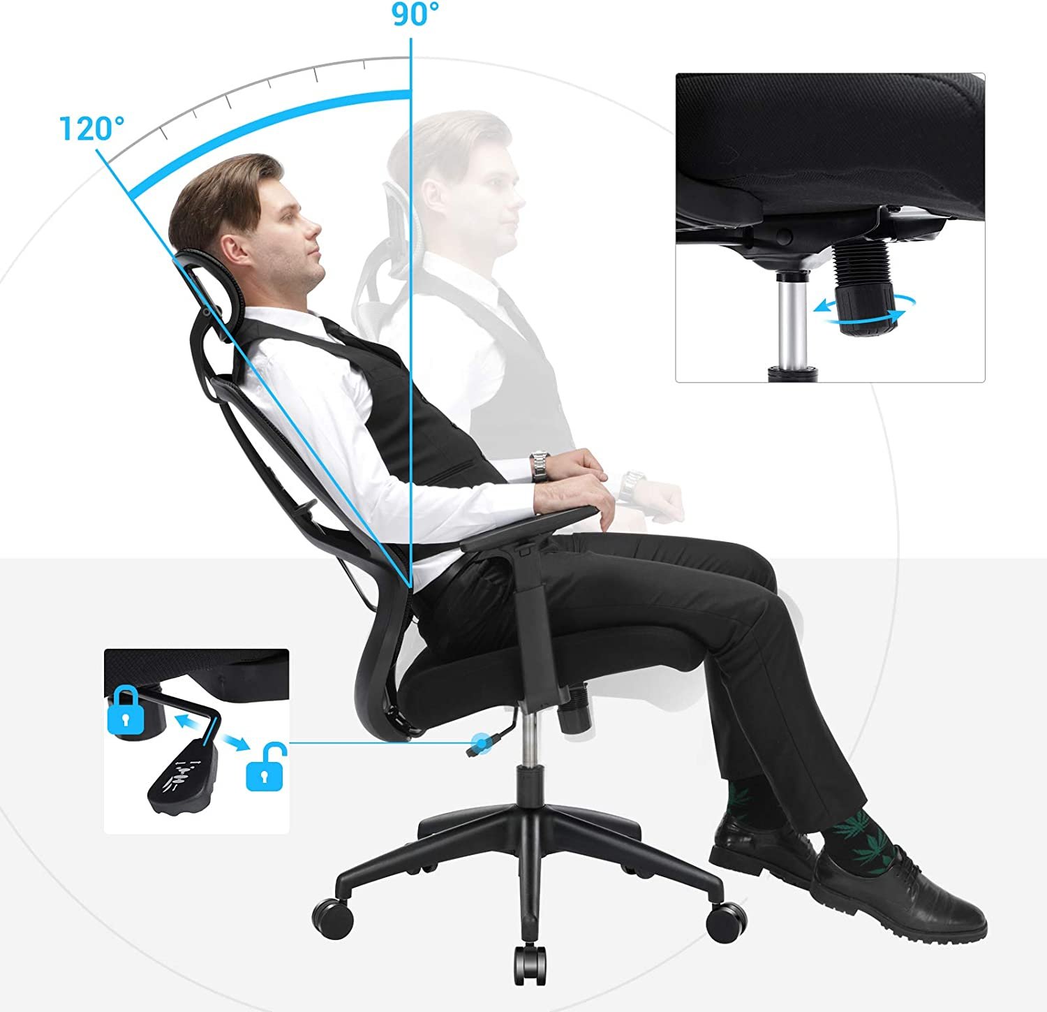 ergonominen toimisto- ja työtuoli lannetuella, kääntyvä tietokonetuoli - Image 4