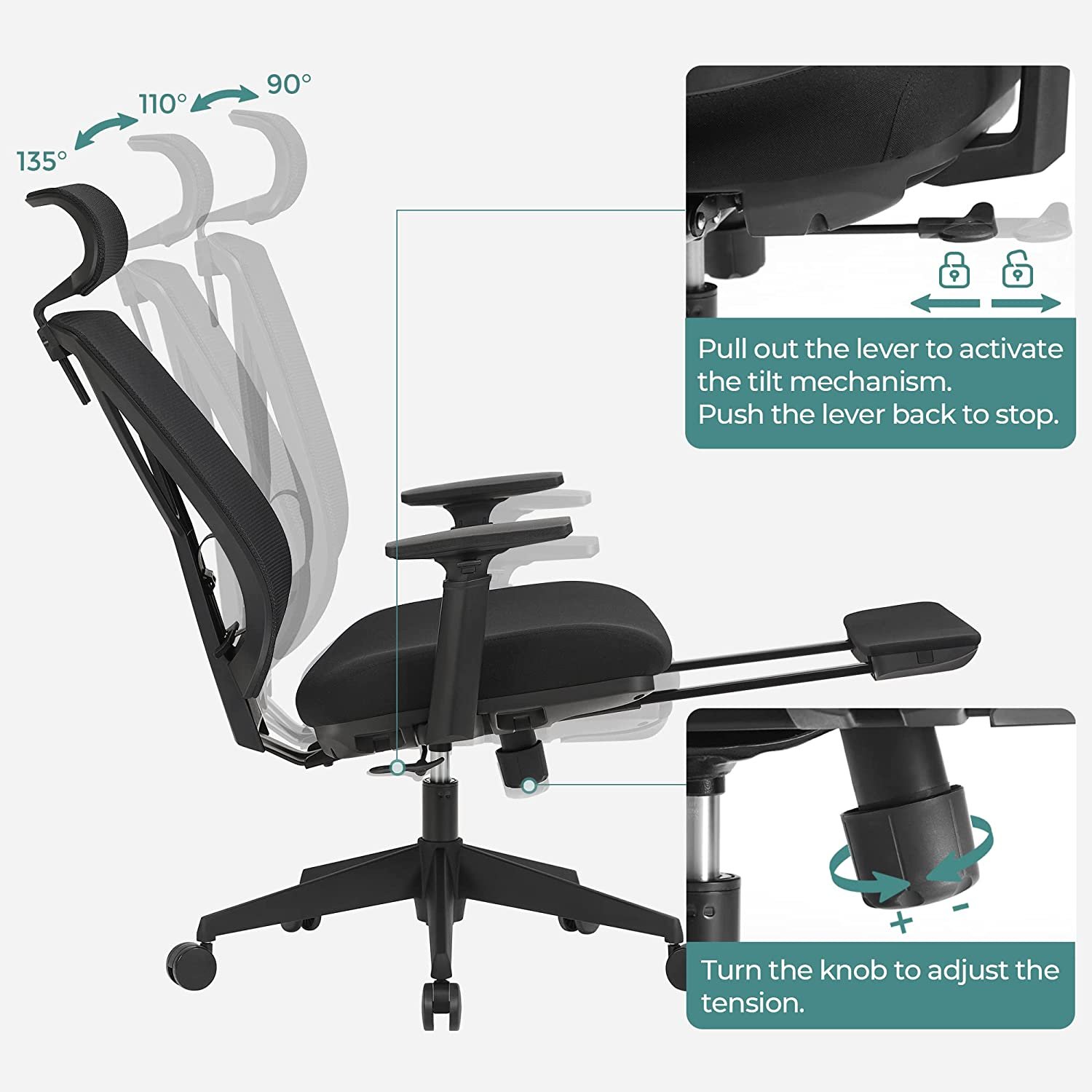 ergonominen työtuoli jalkatuella, työtuoli ristiselän tuella, säädettävä - Image 4