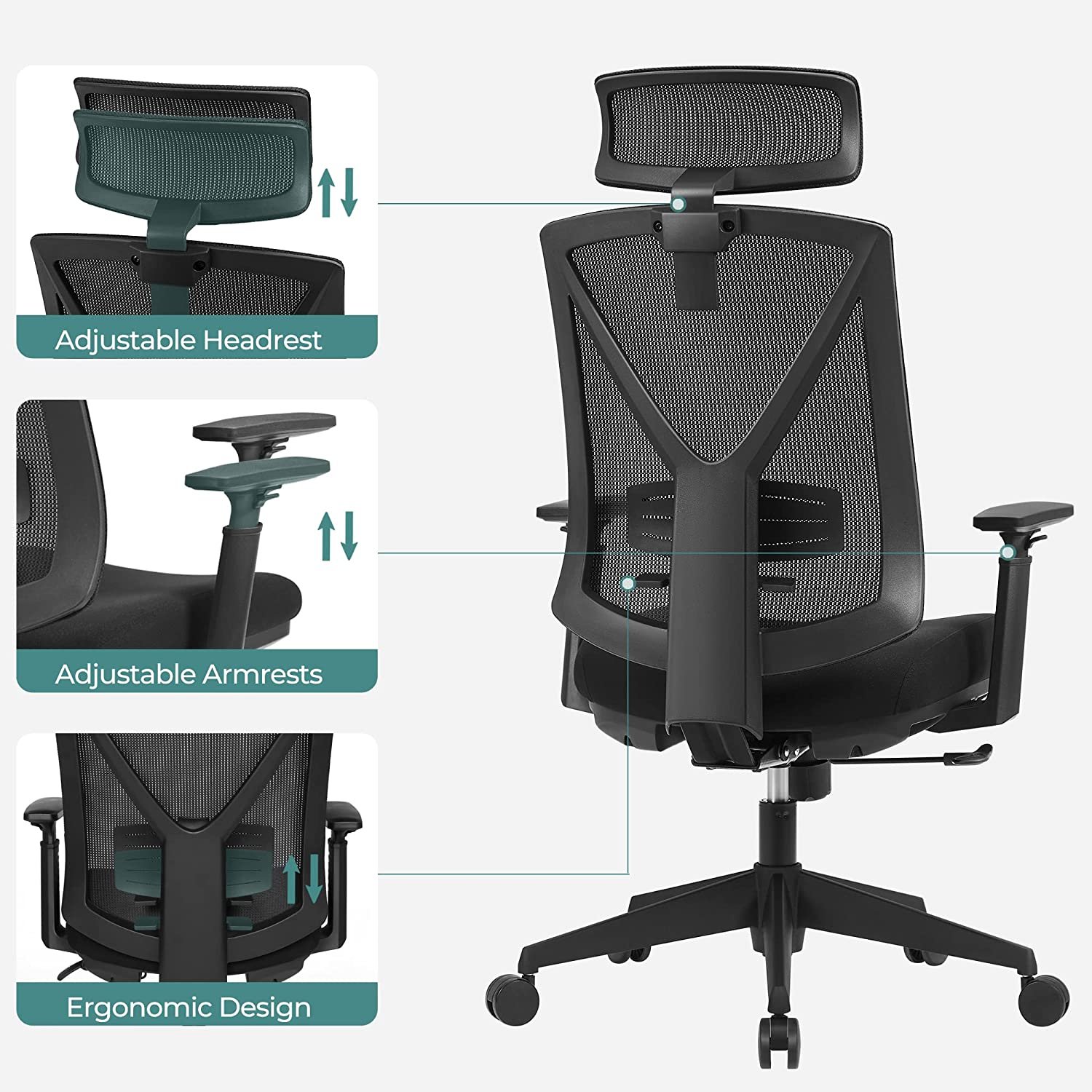 ergonominen työtuoli jalkatuella, työtuoli ristiselän tuella, säädettävä - Image 6